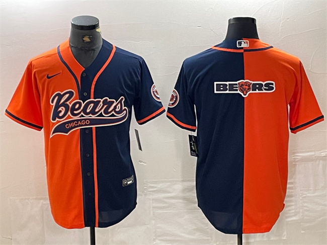 Men's Chicago Bears Team Big Logo Orange/Navy Split With Patch Cool Base Stitched Baseball Jersey Men's Chicago Bears Team Big Logo Orange/Navy Split With Patch Cool Base Stitched Baseball Jersey